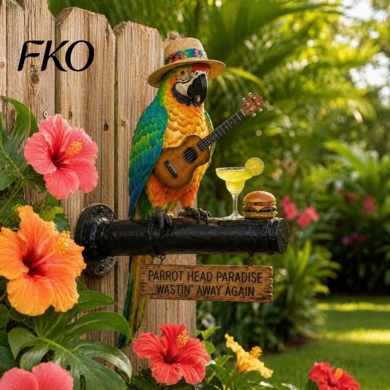 Outdoor Solar Decoration LED Parrot Wall Mount Decor Light, Resin Tropical Bird with Ukulele, Wind-resistant Light Yard Garden Patio Art Vintage Pipe