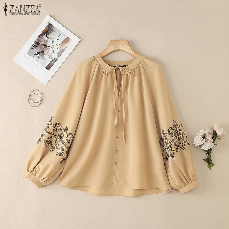 ZANZEA Женская повседневная свободная блузка с длинным рукавом и круглым вырезом