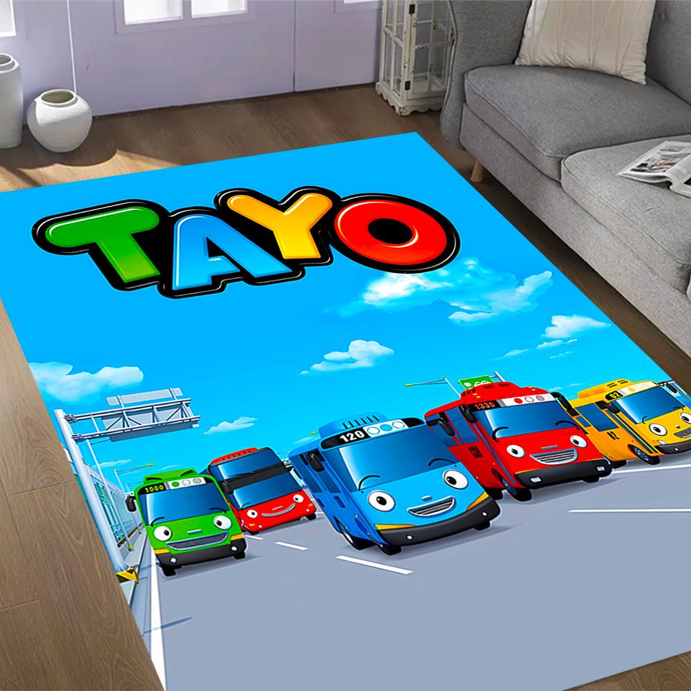 Tayo's Colorful Bus Parade Themed Anti-Slip Rugs - Polyester Home Decor, Suitable for Bedrooms, Living Rooms, Doorways, Studios, and Decorations