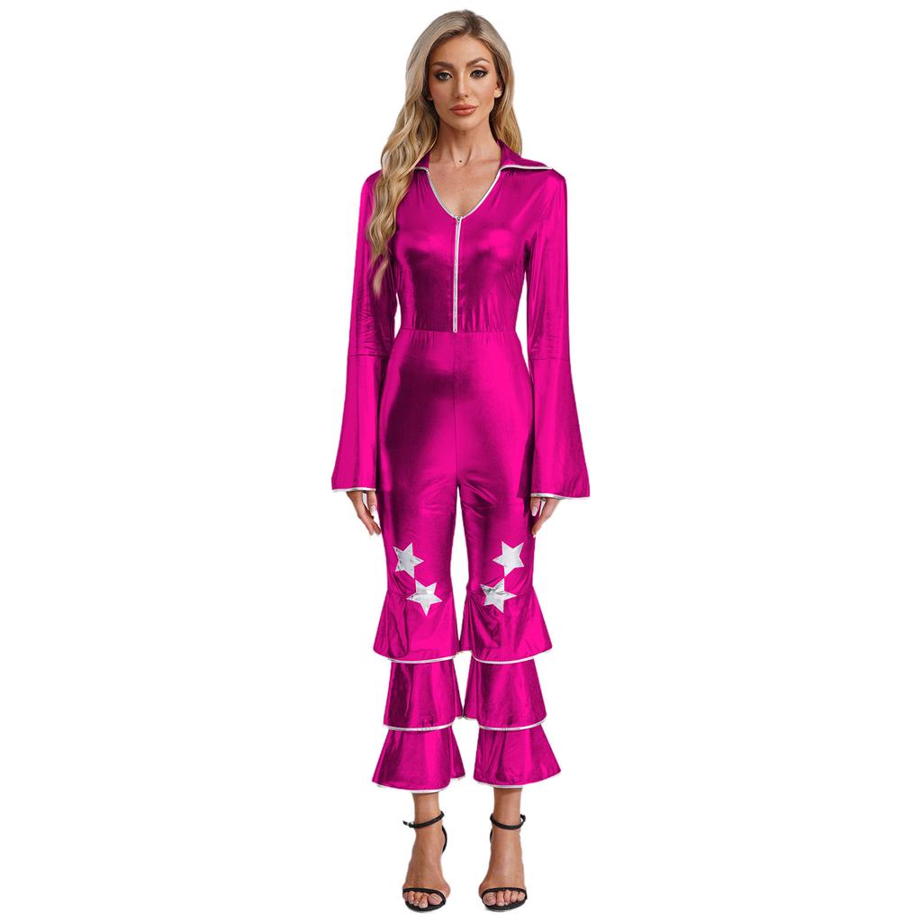 Womens 70s Retro Disco Long Sleeve Flared Jumpsuit Sparkle Costume