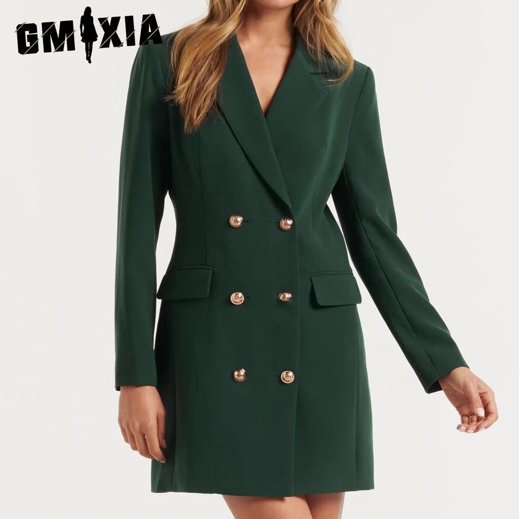 GMXIA Autumn Winter Slim OL Solid Color Casual Double Breasted Mid-length Suit Jacket Dress Blazers for Women