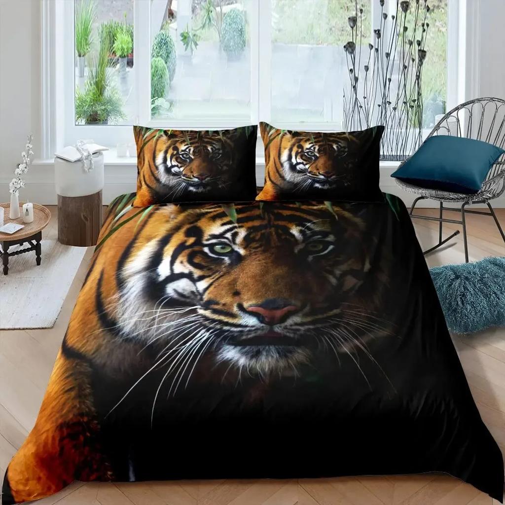 Tiger Duvet Cover Sets Full Size King Size,African Animals Bedding Set,Tropical Wild Animal Comforter Cover Quilt Cover