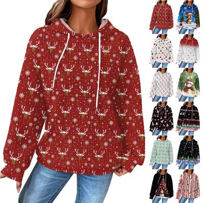 Женский модный свободный пуловер с капюшоном, длинными рукавами, клетчатый свитшот с кулиской, со спущенным плечом, карманом, рождественским принтом