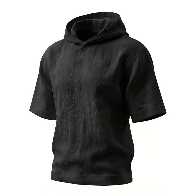 Mens Linen Hooded Short Sleeve T Shirt Loose Fit For Beach Vacation