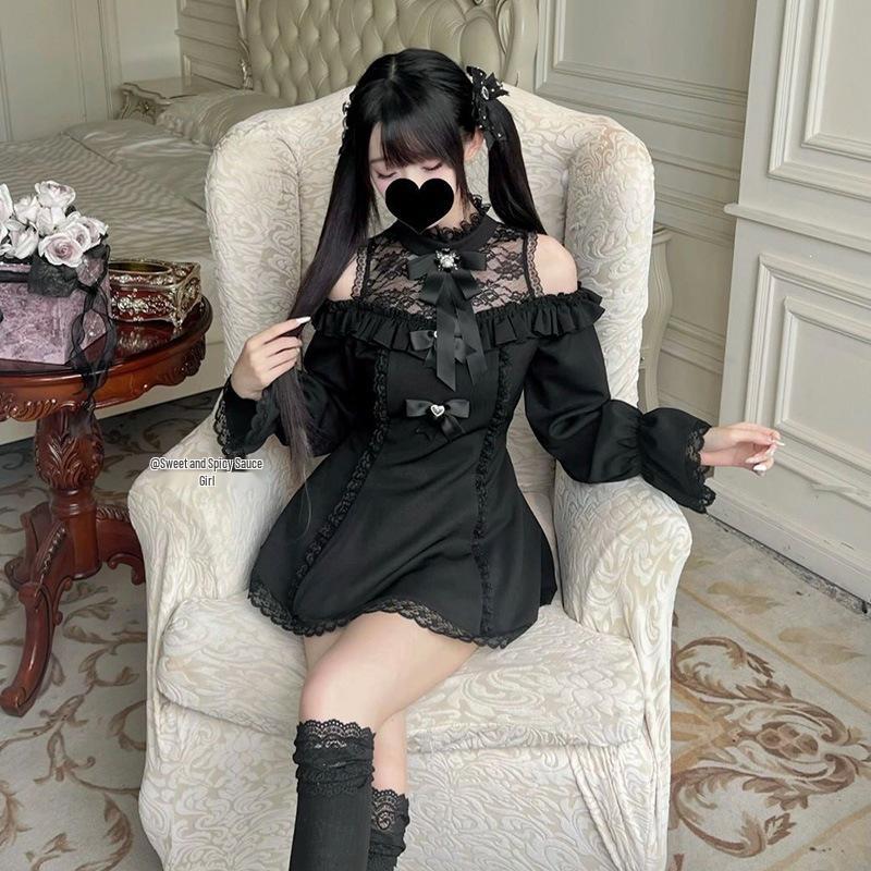 Осенний японский стиль Dark Academia JK Высокопосаженное облегающее кружевное платье и комплект юбок