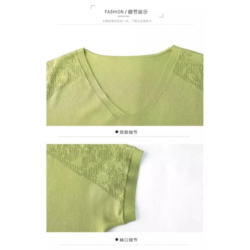 Женская вязаная футболка Летняя футболка для мамы среднего возраста Летняя одежда Футболка с коротким рукавом Женская футболка с V-образным вырезом