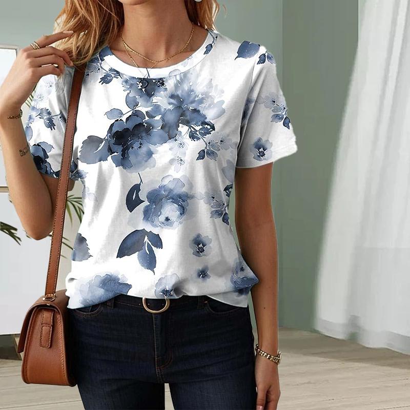 Fashion Women Etiquette Flower Blue Leaves Print T Shirt Funny Casual O-neck Short Sleeves T-shirt Summer Female Tee Shirt