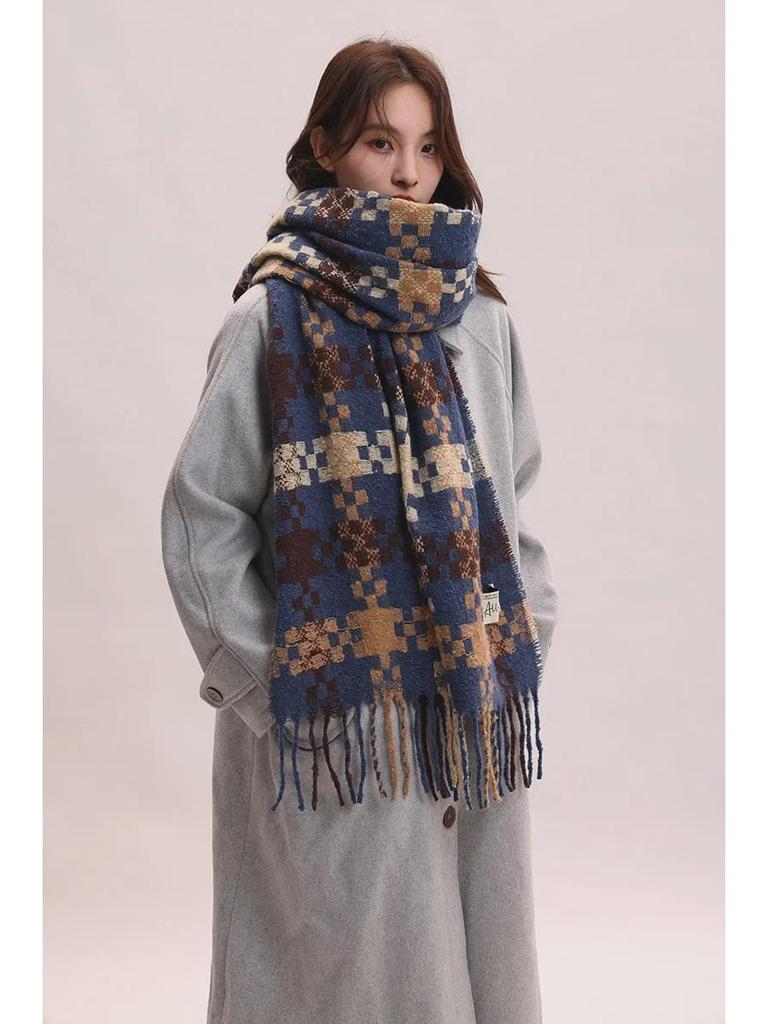 Женский толстый клетчатый шарф 2024 года: Корейский стиль, британская элегантность, теплая шаль для осени и зимы