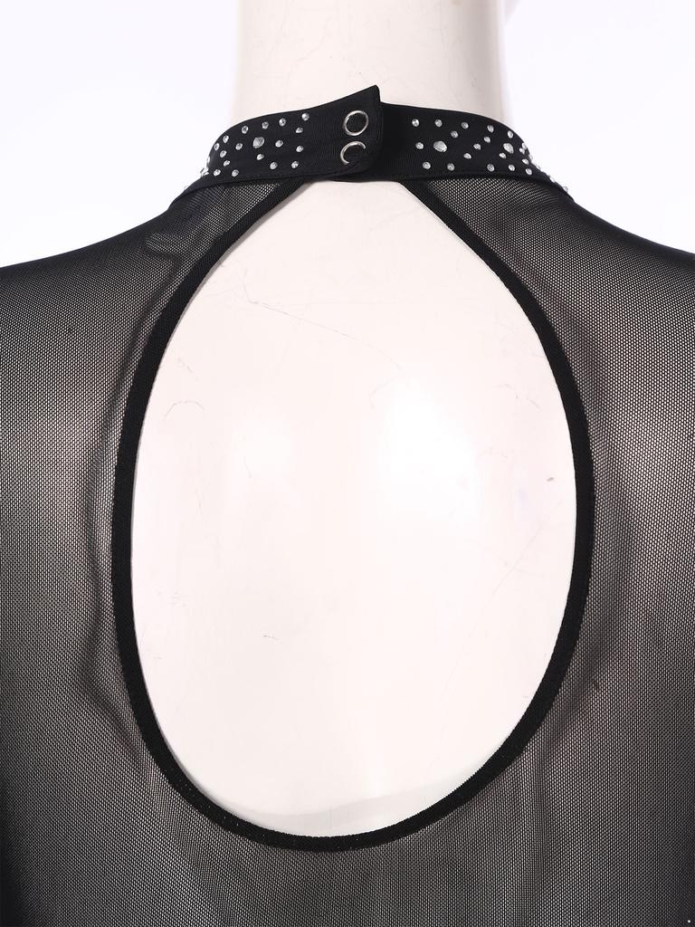 Womens Sparkly Rhinestone Figure Skating Dance Dress Contrast Color Sheer Mesh Patchwork Long Sleeve Mock Neck Dresses