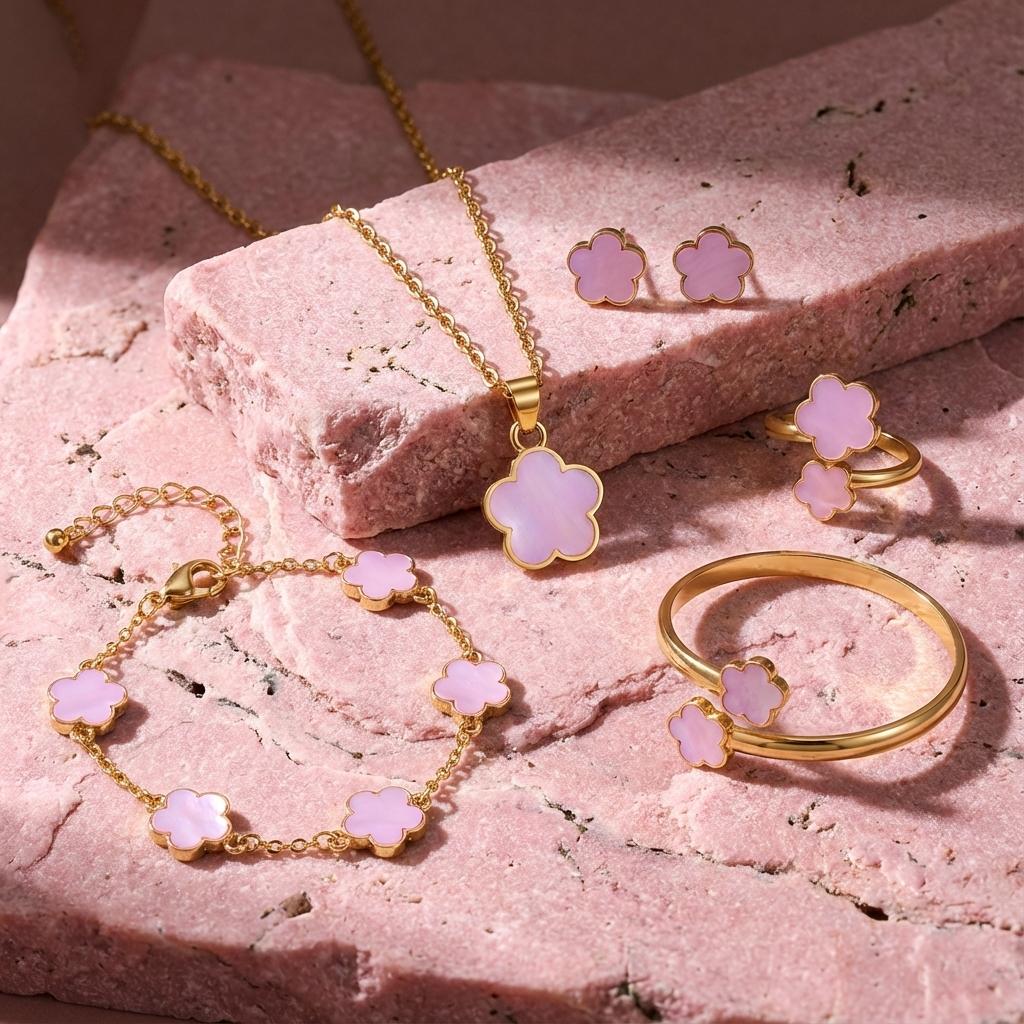 Sweet Sakura Cherry Blossom Necklace Set for Women Trend Gold Color Flower Chain Earrings Bracelet Ring Aesthetic Jewelry Gift