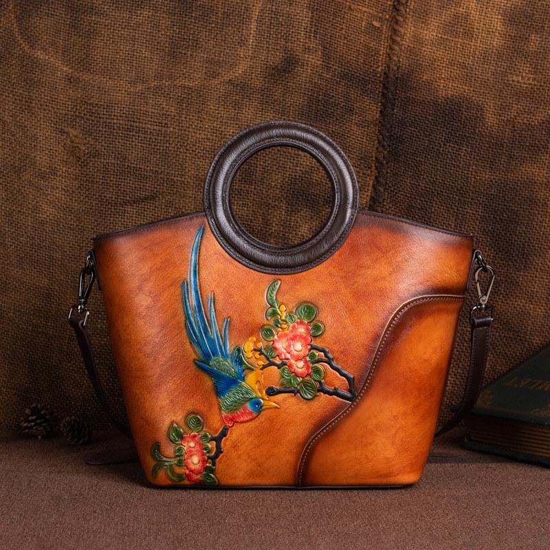 Flower Bird Embossing Genuine Leather Shoulder Bags for Women Ladies Vintage Design Handbags Fashion Crossbody Bag