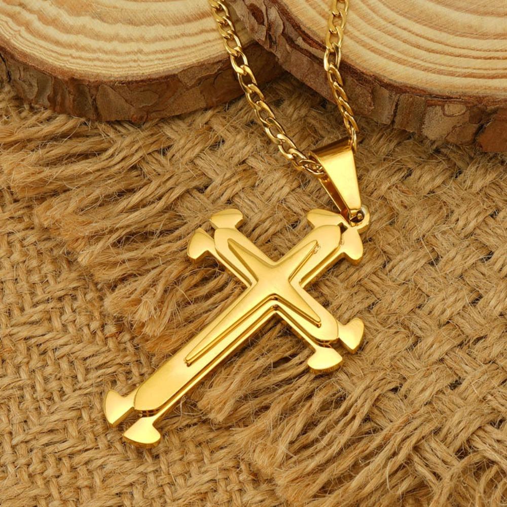Double Ring Shape Men Necklace Gold Cross Cross Pendant Korean Fashion Clavicle Chains Men Boys