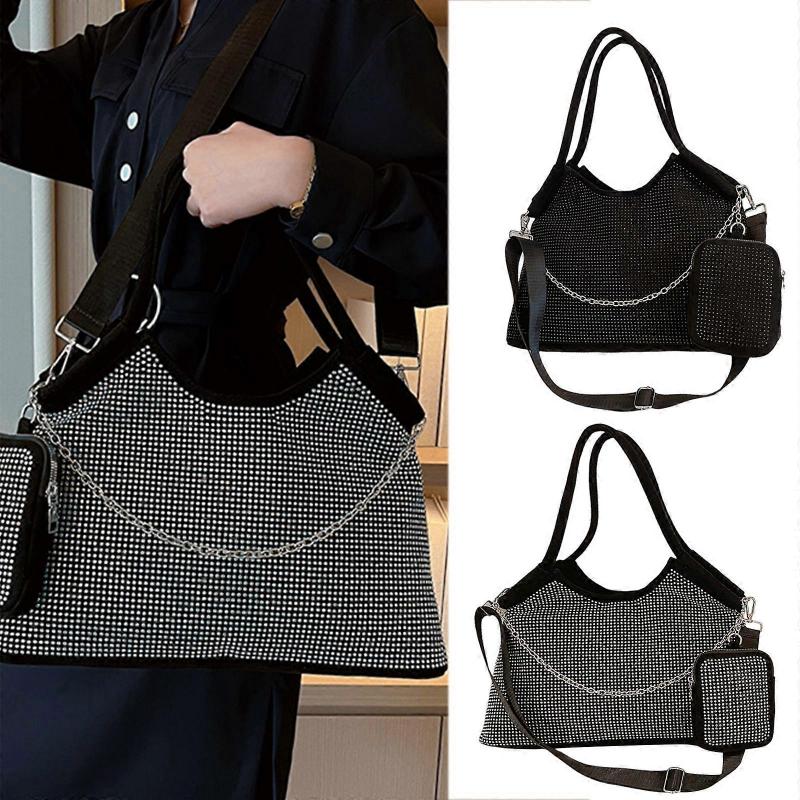 Women Large Capacity Shoulder Bag Fashion Rhinestone Messenger Bag Handbag Shopping Dating Bag Casual Crossbody Bag  Silver
