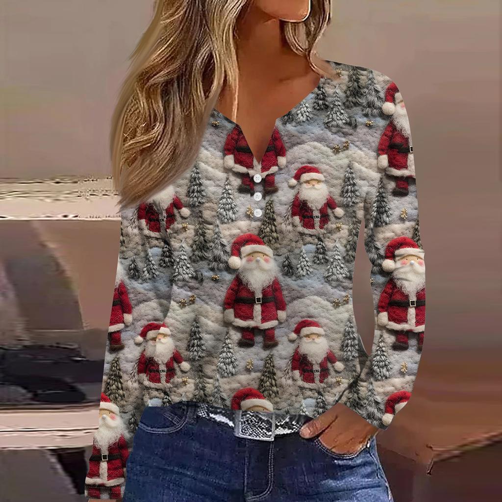 Женская модная повседневная футболка с V-образным вырезом, на пуговицах, с длинным рукавом, с рождественским принтом