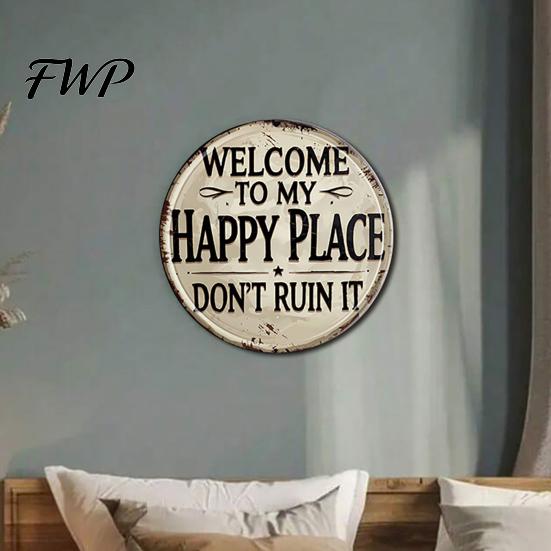 Retro Style Wall Sign Round Art Metal Welcome Rustic Vintage Outdoor Decor for Front Door Bedroom Bathroom Bar Decoration