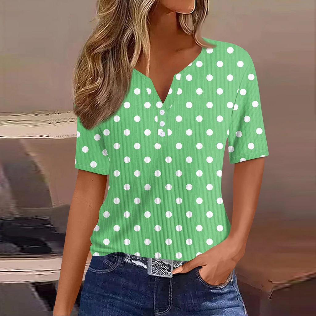 Women's Casual Printed V-Neck Short Sleeve Decorative Button T-Shirt Top