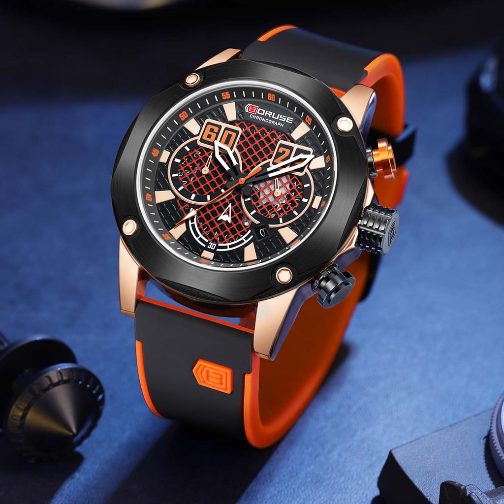 BORUSE Large Dial Men's Watch Sports Chronograph Waterproof Quartz Watch Luxury Leisure Watch Simulate Hollow Men's Watch Silicone Strap Watch for Men