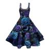 Women's Halloween Print Off Shoulder Dress Punk Vintage Style Sleeveless Spaghetti Strap Dress with Flared Skirt for Costume Party