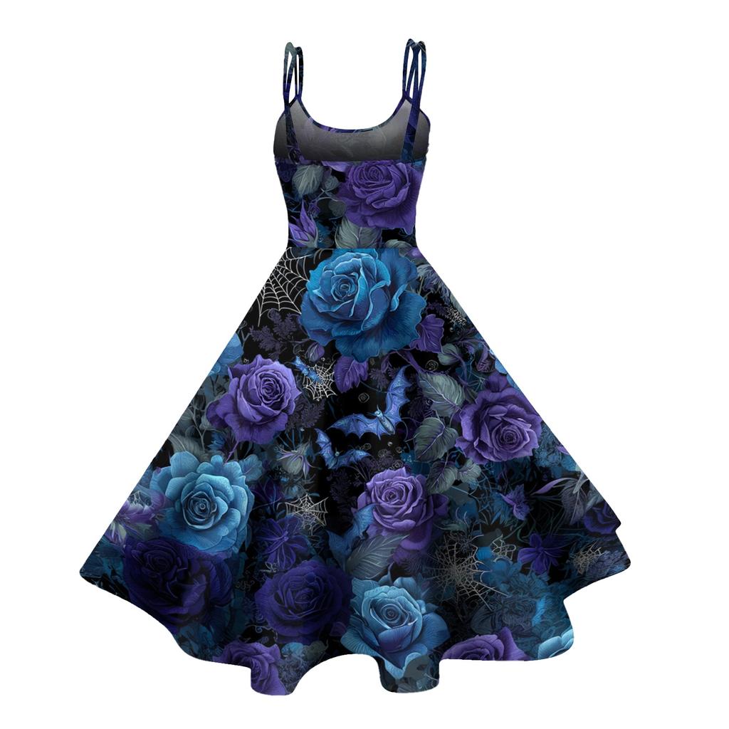 Women's Halloween Print Off Shoulder Dress Punk Vintage Style Sleeveless Spaghetti Strap Dress with Flared Skirt for Costume Party