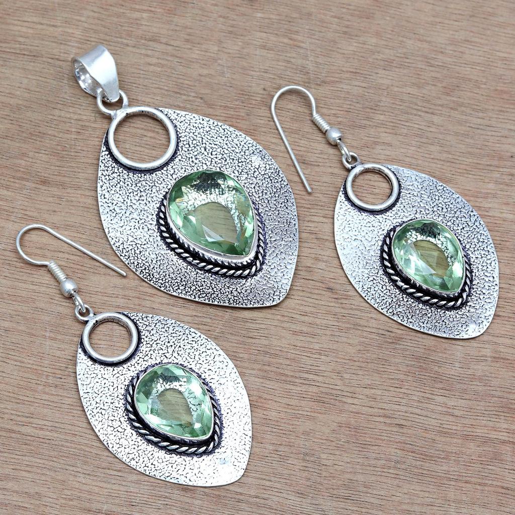 Green Amethyst Gemstone Mother's Day Jewelry Pendant Earring Set