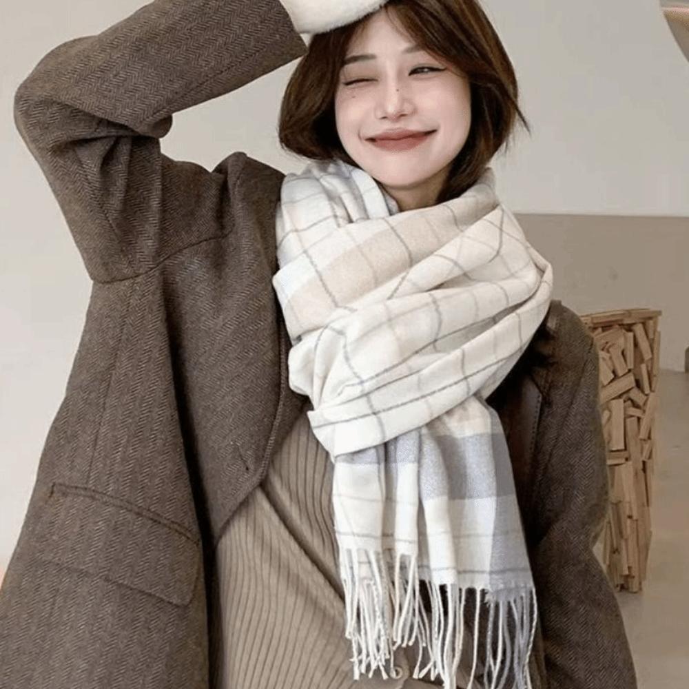 Korean Style Women's Cashmere Scarf Thickened Winter Neck Warmer Checkered Scarf  Autumn Winter