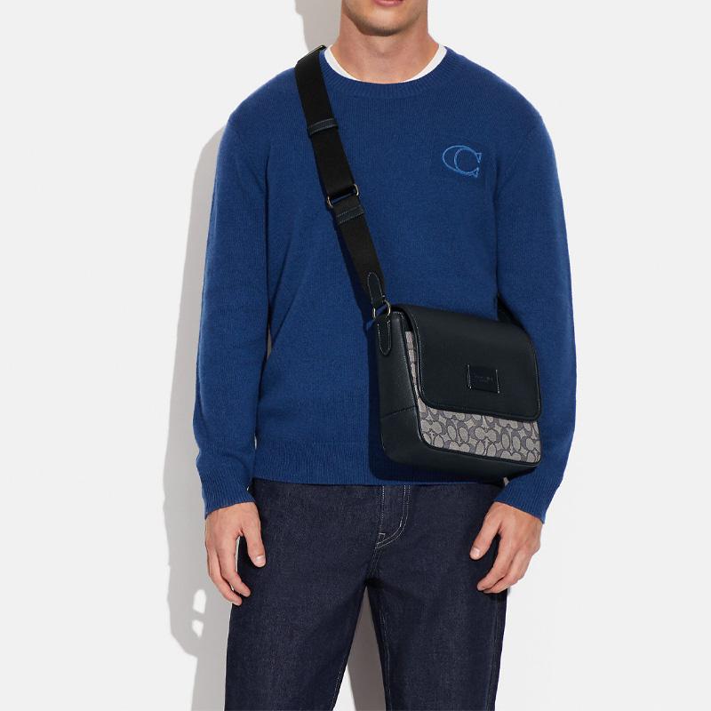 New COACH Map Cow Leather Patchwork With Fabric Shoulder Bag Crossbody Bag Medium Size Men's Midnight Blue & Gray CE534-QBV41