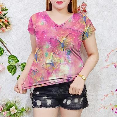 Летняя женская модная футболка с принтом бабочек и V-образным вырезом, футболки, женская повседневная одежда с коротким рукавом, стильная женская уличная одежда