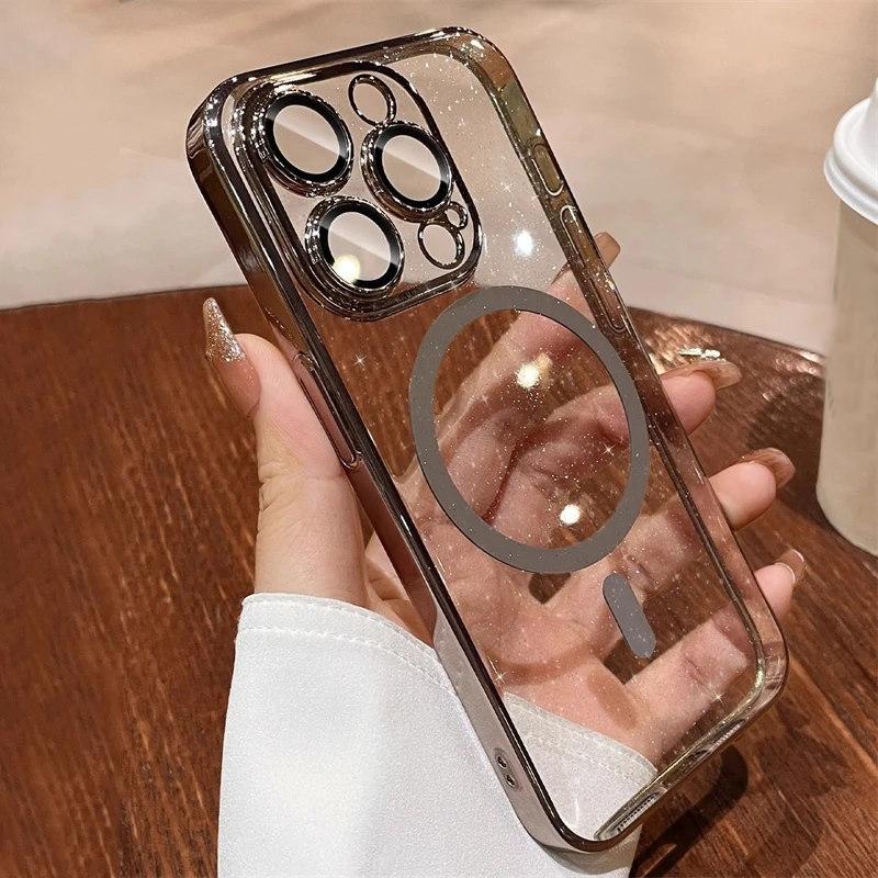 Роскошное покрытие для Magsafe, магнитный чехол с беспроводной зарядкой для iPhone 15 14 Plus 13 12 Pro Max 11, прозрачный блестящий жесткий тонкий чехол из ПК