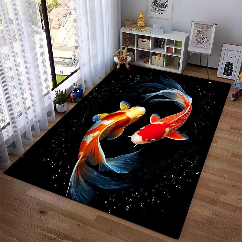 Koi Fish Pattern Carpet with Black Background, Modern Home Decor Rug Suitable for use as an anti-slip for living room bedroom sofas