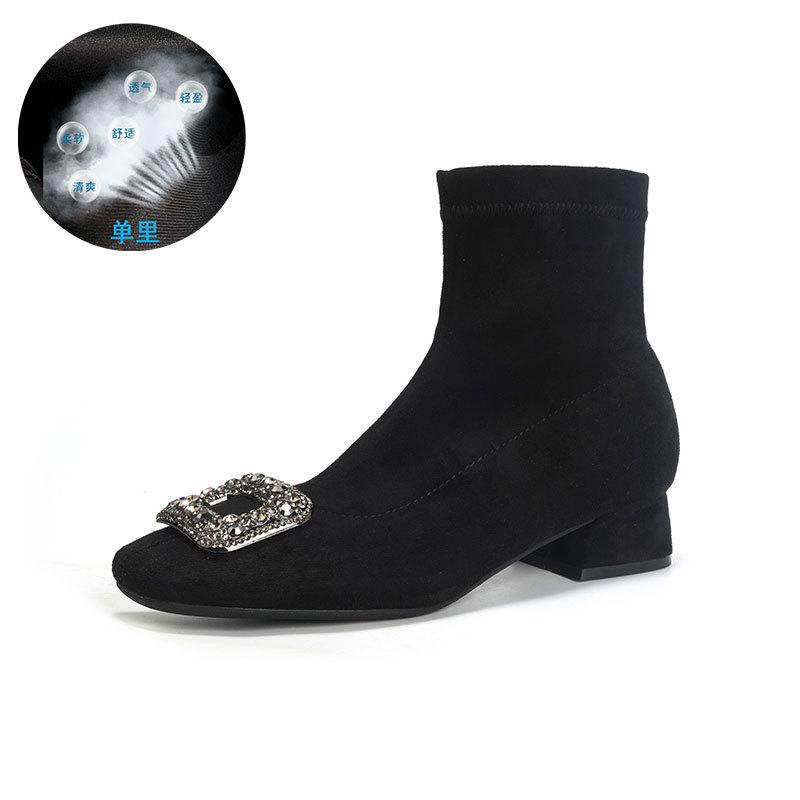 Замшевые узкие ботильоны на толстом каблуке, на среднем каблуке, короткие ботинки, женские осенне-зимние одинарные ботинки, со стразами, с квадратным носком, интернет-знаменитость, эластичный флис