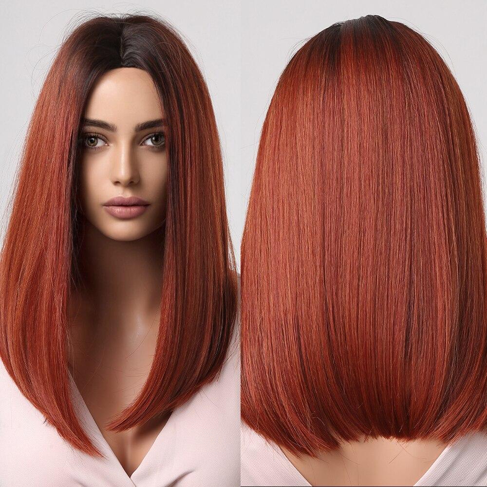 EASIHAIR Medium Length Red Ombre Synthetic Natural Wigs Middle Part for Women Daily Cosplay Use Heat Resistant Fiber Hair Wigs