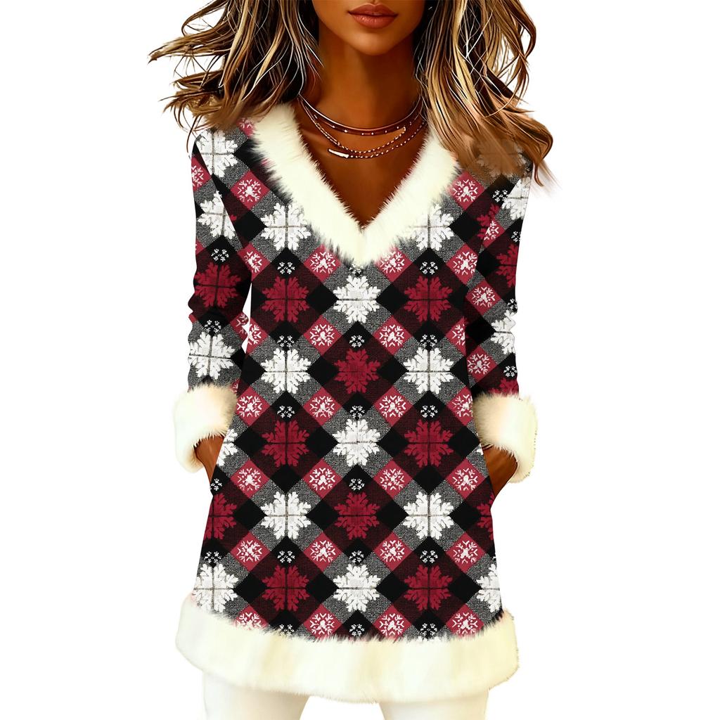 Women's Christmas Fashion Plush V-Neck Pullover Printed Long-Sleeved Top