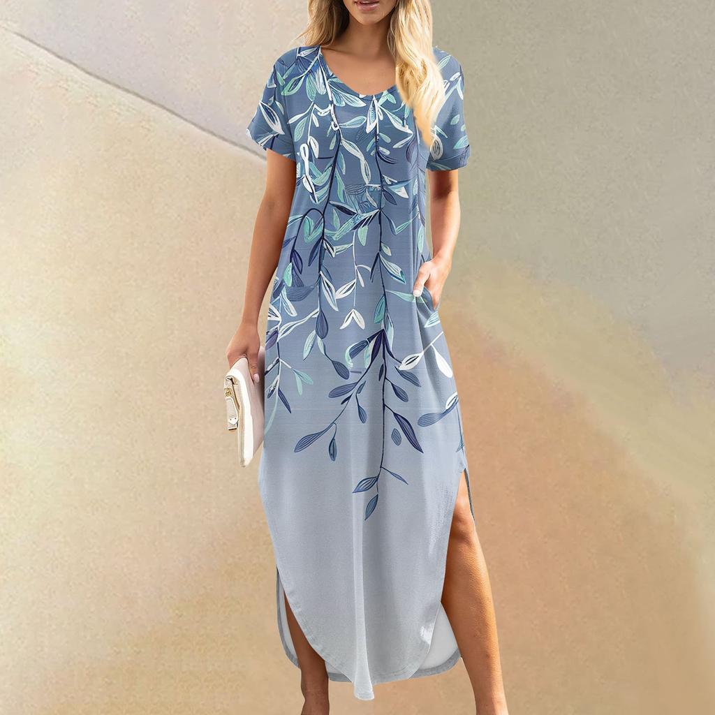 Женские летние повседневные свободные пляжные макси длинные платья с V-образным вырезом и короткими рукавами, модные наряды