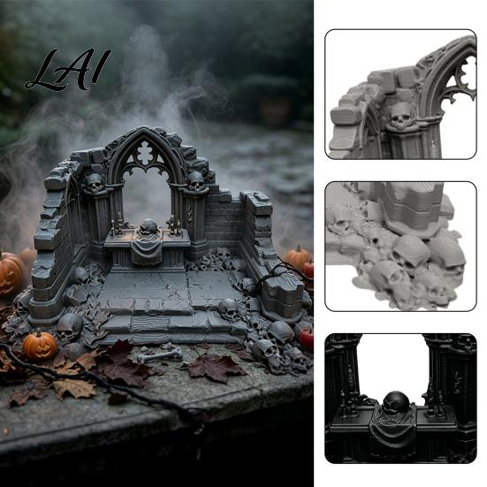 Miniature Puppet Scene Setting Gothic Ruin Skull Altar Table Ornaments 3D Printed Broken Chapel Castle Ruins Diorama Props Halloween Spooky Desktop