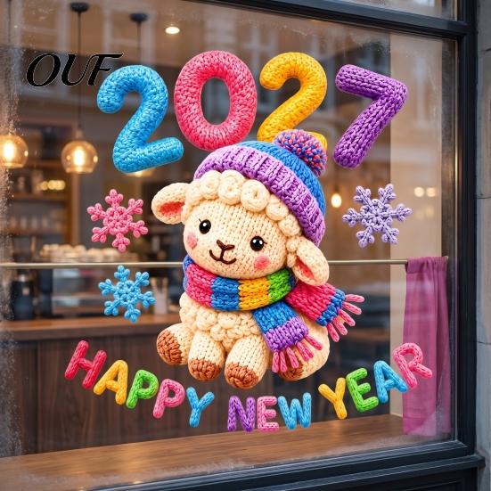 Electrostatic Glass Stickers Chinese New Year Window Stickers, 2027 Goat Static Clings, Reusable Decorations Crochet Knit Lamb Decals, Decor for Home