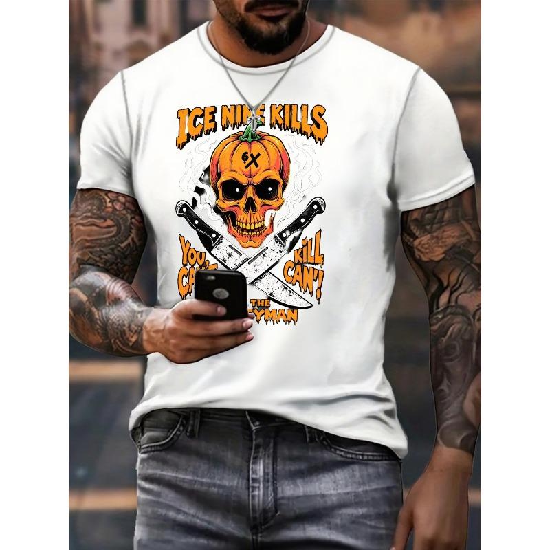 Европейские размеры Мужская футболка с принтом - Перекрещенные ножи с готической надписью, Одежда для фанатов Metalcore Rock Music, Мягкая дышащая футболка с круглым вырезом