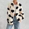Autumn and Winter Women's Plush Love Printed Loose Long Sleeve Standing Collar Zipper Cardigan Short Jacket