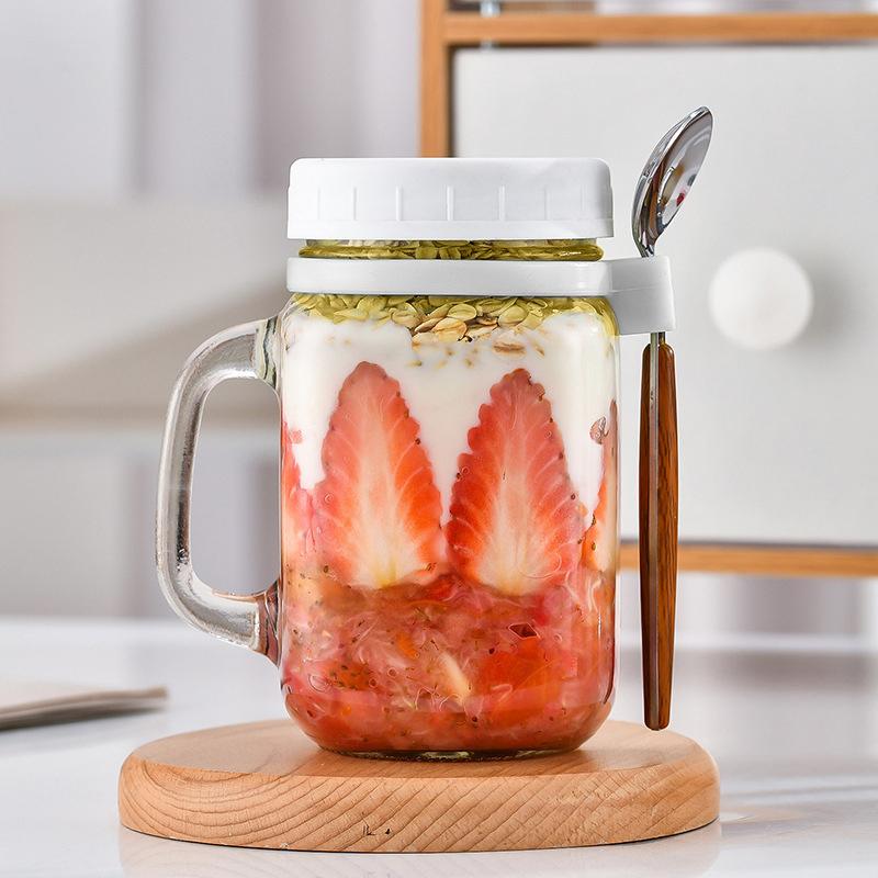 Portable Overnight Oat Glass Cup Water Mug With Spoon Breakfast Salad Can Yogurt Tumbler Heat Resistant Juice Milk Cup