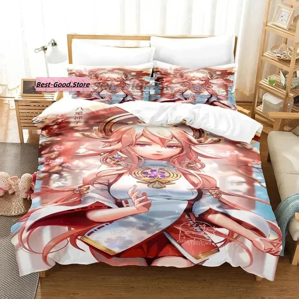Genshin Impact Yae Miko Комплект постельного белья Single Twin Full Queen King Size Комплект постельного белья Aldult Kid Bedroom Duvetcover Sets 3D Print Game