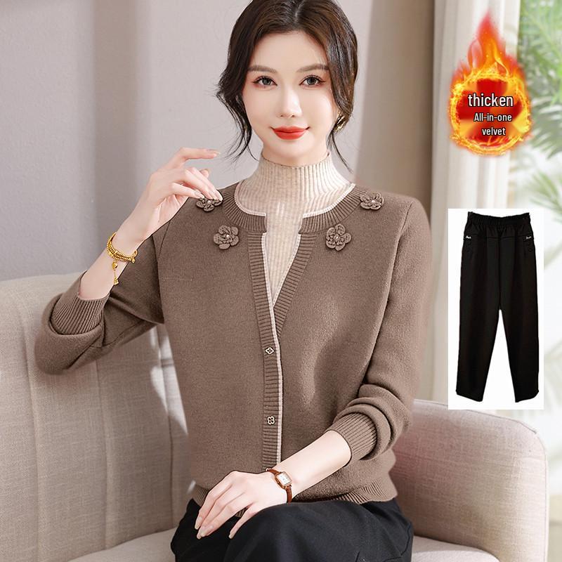 Stylish Faux Two-Piece Velvet Sweater for Middle-Aged & Elderly Women - Warm Knit Base Layer