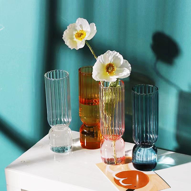 Nordic Handmade Striped Glass Vase for Mini Flower Arrangements – Transparent Ornament for Living Room Decor