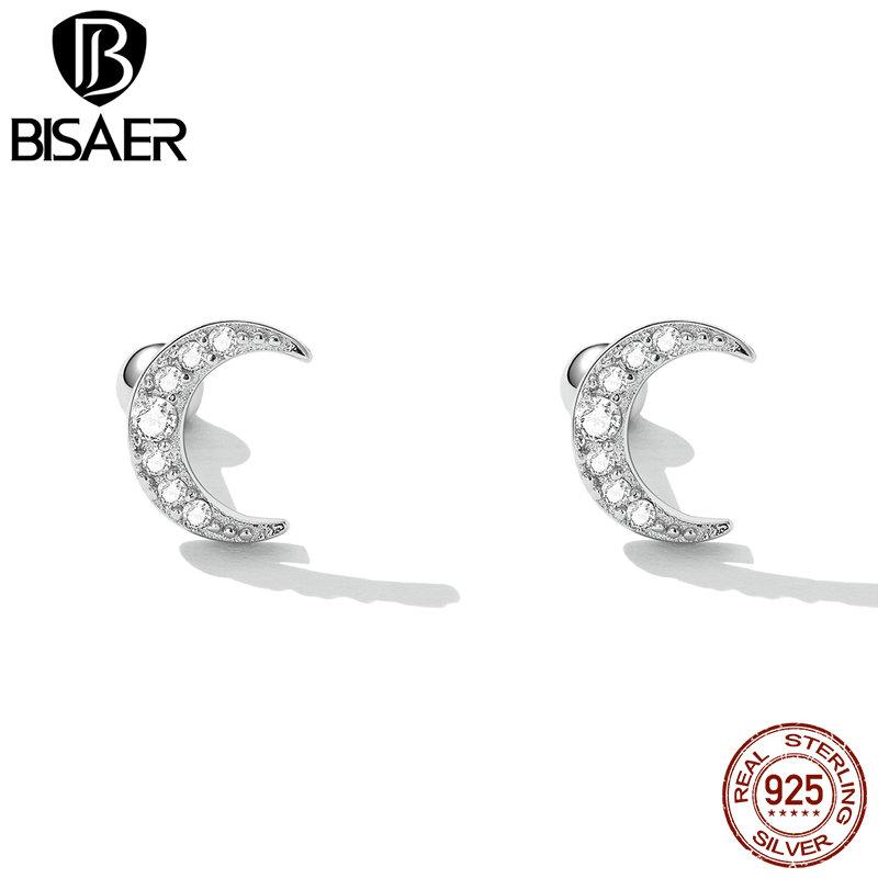 Bisaer 925 Sterling Silver Lightning Stud Earrings for Women Fashion Earrrings Jewerly Wedding Gift Sparkling Ear Studs