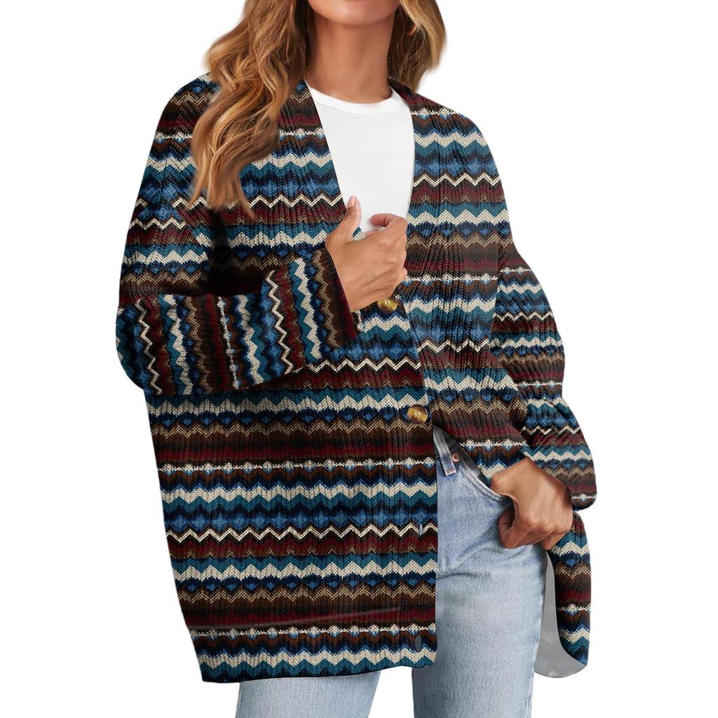 Женский модный кардиган с длинным рукавом, V-образным вырезом, на пуговицах, свободного кроя, с рождественским принтом