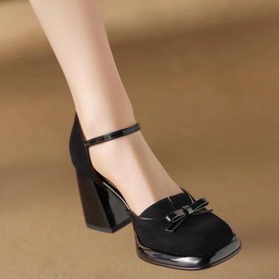 Мода 2025 Новые женские сандалии Мэри Джейн на толстом каблуке с дизайном в виде банта, летние с открытой пяткой, серебристые, французский стиль, бархатный верх