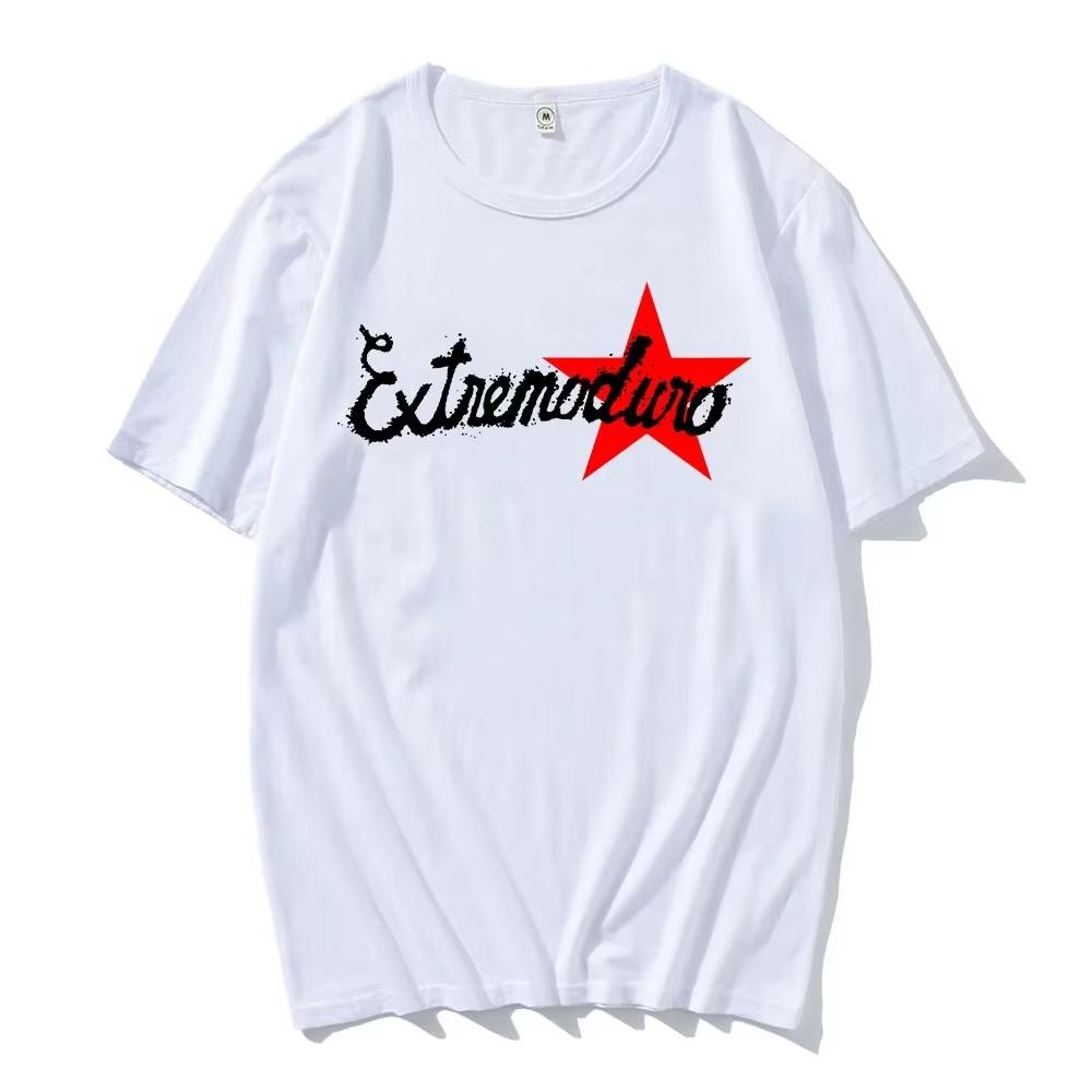 Extremoduro Spanish Rock Theme White TShirt Front GraffitiStyle Band Name Red Star Design Women and Unisex Tshirts Tops