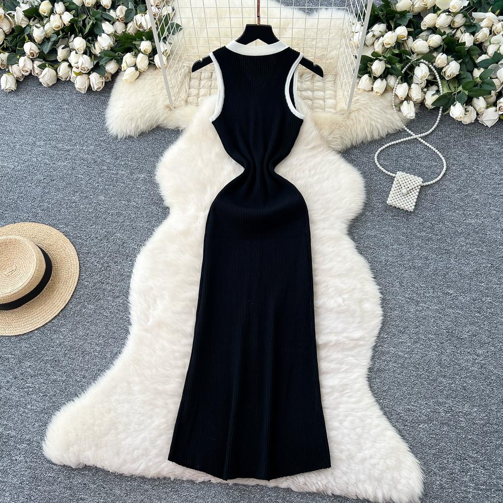 Summer Women Casual V-neck Sleeveless Single Breasted Knitted Sweater Long Midi Dresses