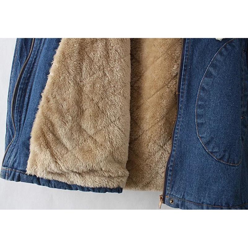 Lamb Fleece Cotton-padded Jacket Women's Thick Hooded Mid-length Waist Denim Cotton-padded Jacket