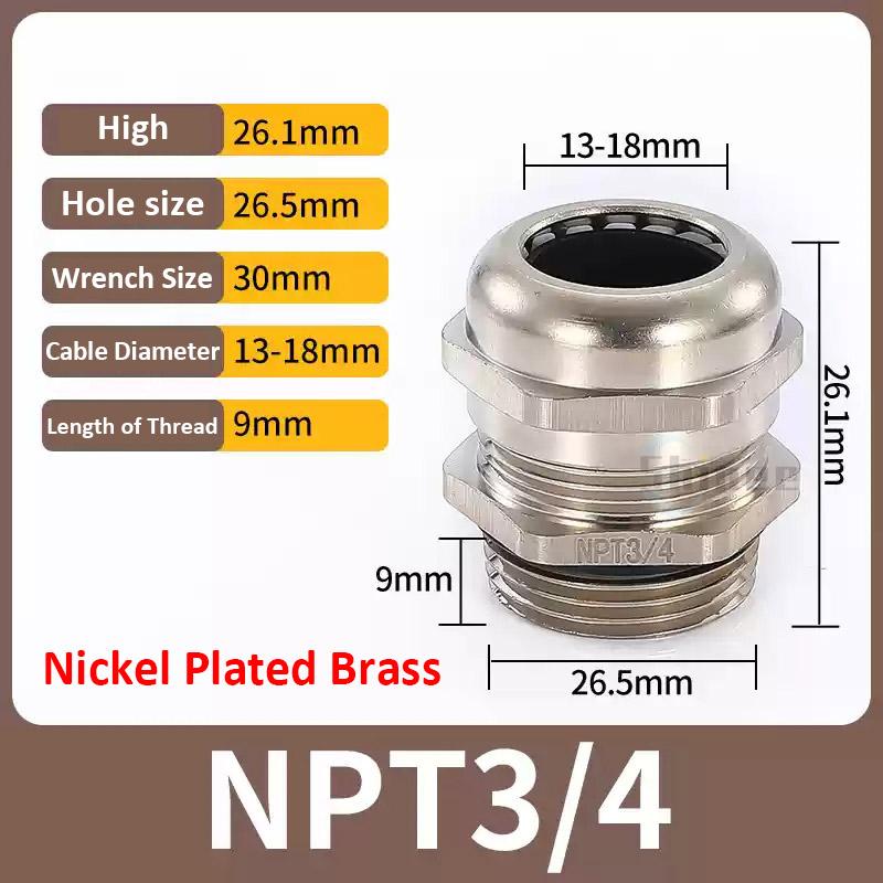 Waterproof Cable Gland IP68 Nickel Plated Brass 1/4" 3/8"1/2" 3/4" 1" 2" 3" BSPP/NPT Male Thraed For 3-6.5mm 4-8mm Cable Joint