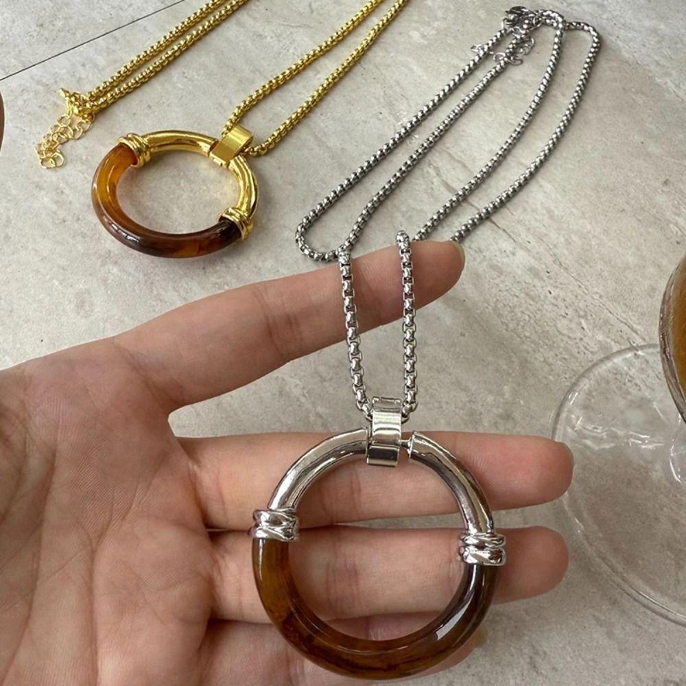 Circle Pendant Amber Splicing Necklace Stainless Steel Chain Sweater Chain  Birthday Gift