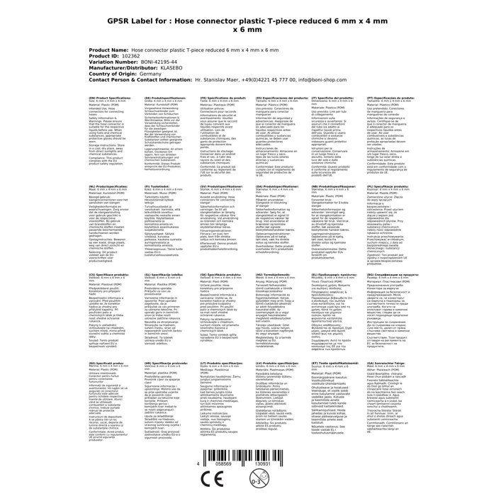 Plastic T-reducer Hose Fitting 6 Mm X 4 Mm X 6 Mm